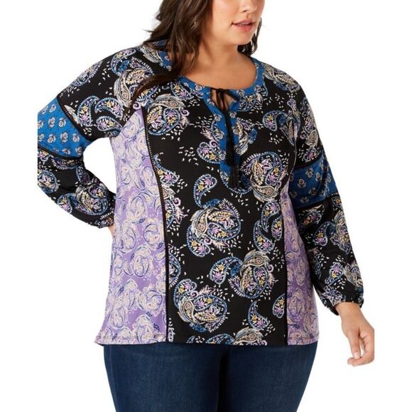 Style & Co. Womens Top Blue Plus Paisley Print Split Tie-Neck 3X NWT - Picture 1 of 10